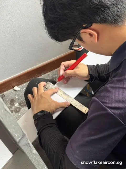 Technician marking a measurement on paper with a ruler