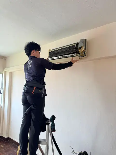 Technician holding an opened wall unit on ladder